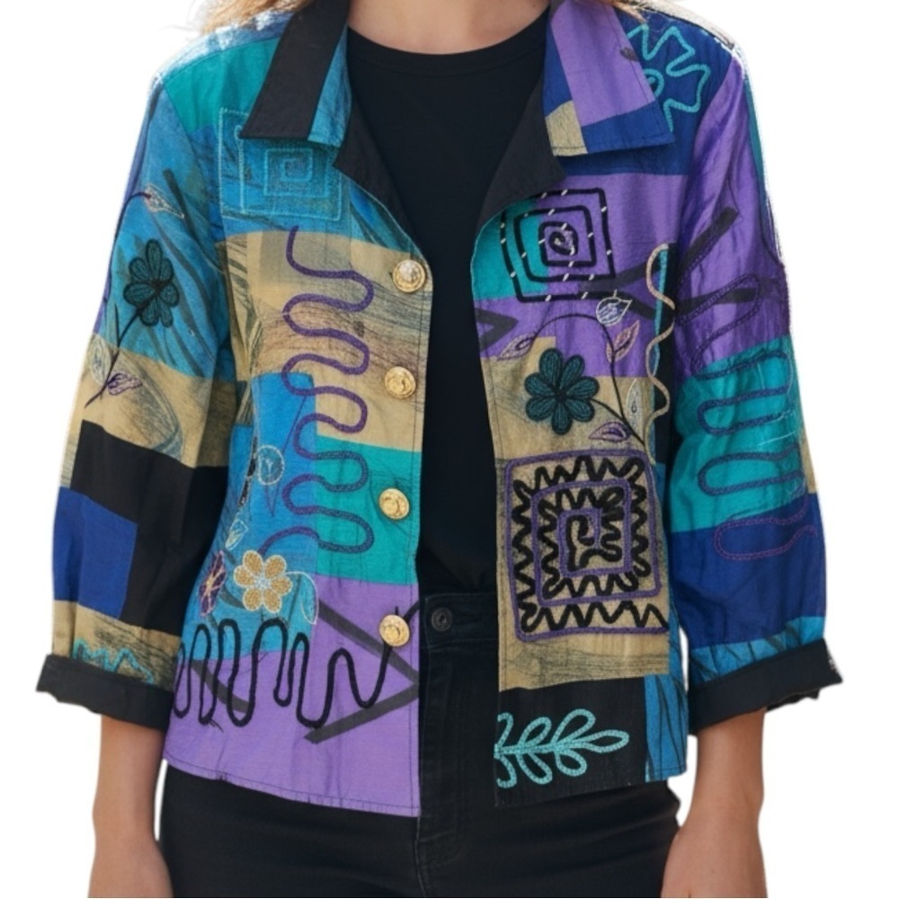 VINTAGE ALEX KIM Womens Artistic Patchwork Blazer 90s Vintage Laganlook hippie